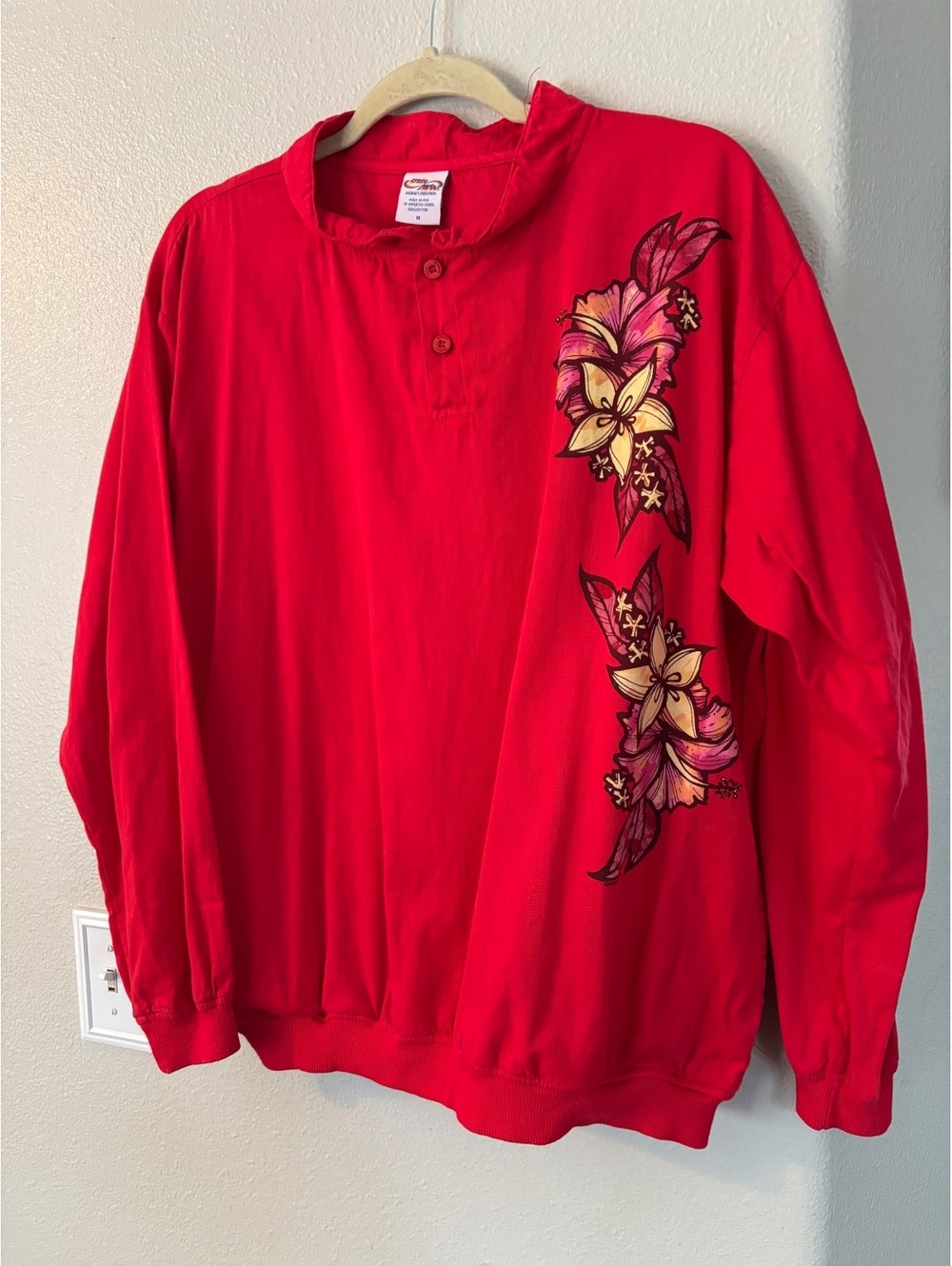 Vintage Crazy Shirts Hawaii Red Hibiscus Floral Henley Pullover Size M